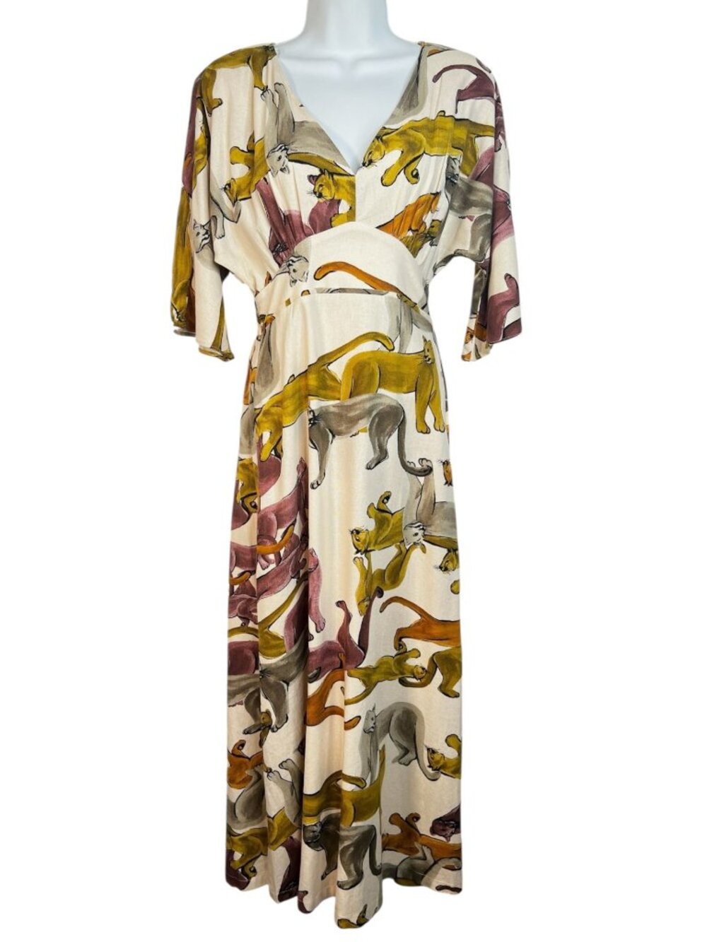 cortelle Cat Print Linen Midi Dress Dolman Sleeve Lions Panther Cat Print XS